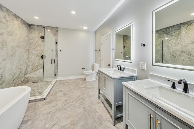 full bathroom with toilet, separate shower and tub, and vanity