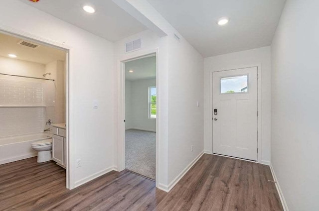 entryway with dark hardwood / wood-style flooring