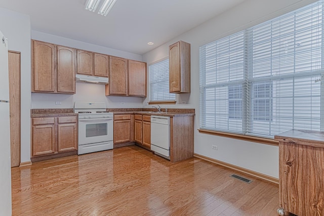 kitchen featuring light hardwood / wood-style floors, white appliances, and sink