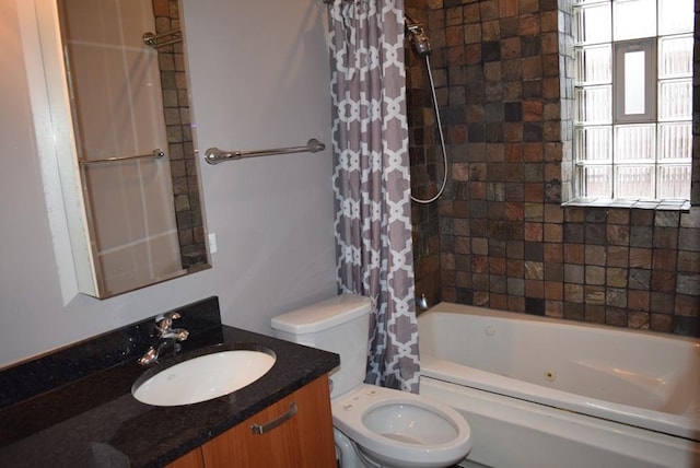 full bathroom with shower / bath combination with curtain, vanity, toilet, and a wealth of natural light