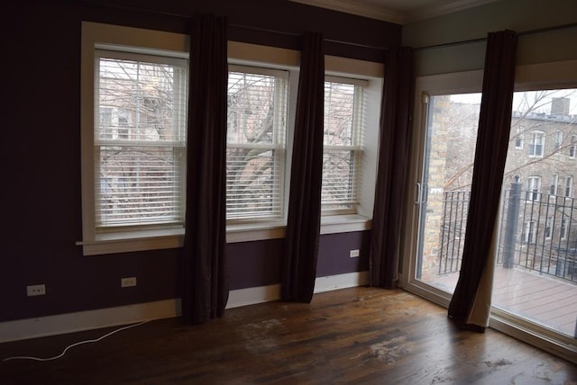 spare room featuring dark hardwood / wood-style flooring and crown molding