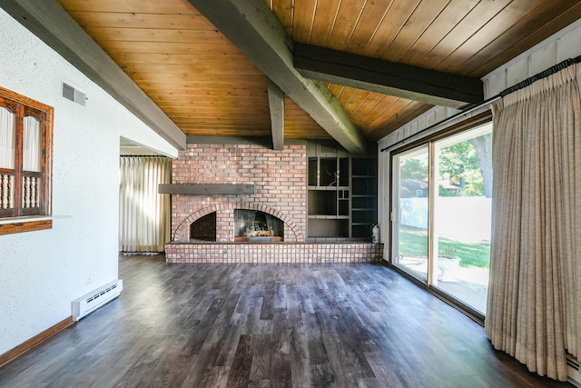 unfurnished living room with wooden ceiling, a brick fireplace, dark hardwood / wood-style floors, baseboard heating, and beamed ceiling