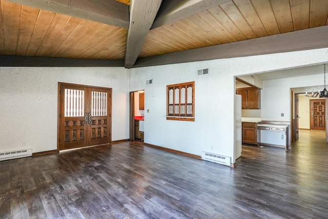 unfurnished living room featuring a notable chandelier, dark hardwood / wood-style floors, wooden ceiling, and french doors