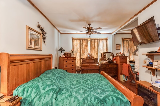 bedroom with ceiling fan and ornamental molding