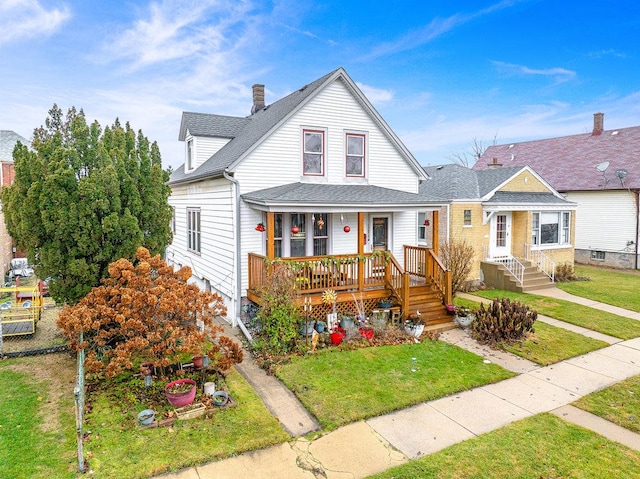 view of front facade with a front yard and covered porch