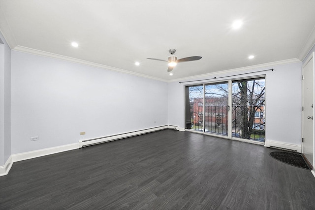 empty room with baseboard heating, crown molding, ceiling fan, and dark wood-type flooring