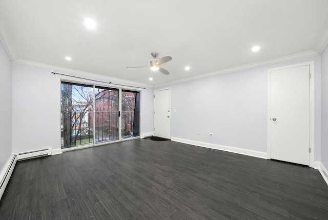 spare room with dark wood-type flooring, baseboard heating, ceiling fan, and ornamental molding