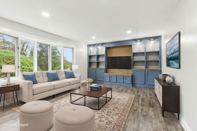 living room with dark hardwood / wood-style floors and built in features