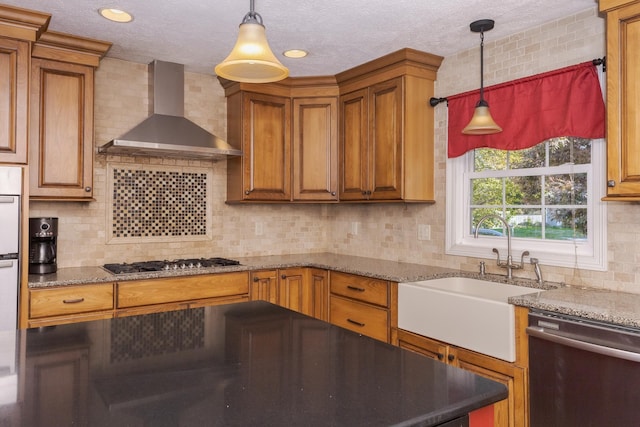 kitchen featuring decorative backsplash, wall chimney exhaust hood, stainless steel appliances, sink, and pendant lighting