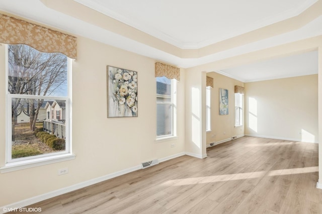 entrance foyer with a raised ceiling, crown molding, and light hardwood / wood-style flooring