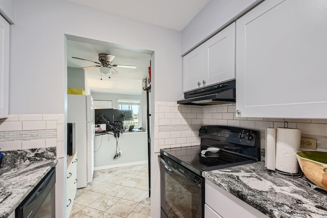 kitchen with tasteful backsplash, ceiling fan, black appliances, stone counters, and white cabinetry