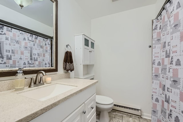 bathroom with baseboard heating, walk in shower, vanity, and toilet