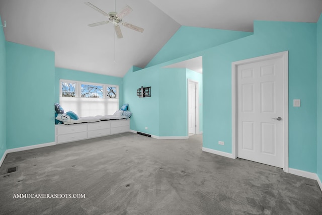 unfurnished living room featuring ceiling fan, lofted ceiling, and carpet floors