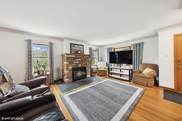 living room with a stone fireplace and hardwood / wood-style flooring