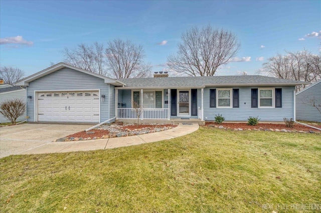 single story home with covered porch, a garage, and a front lawn