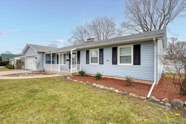 ranch-style home with a front lawn, a porch, and a garage