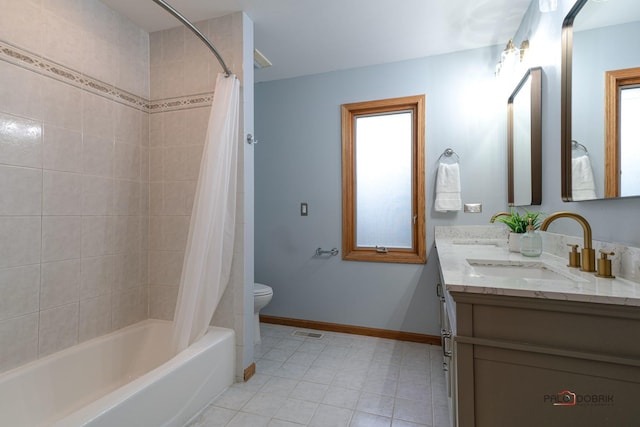 full bathroom featuring vanity, toilet, and shower / bathtub combination with curtain