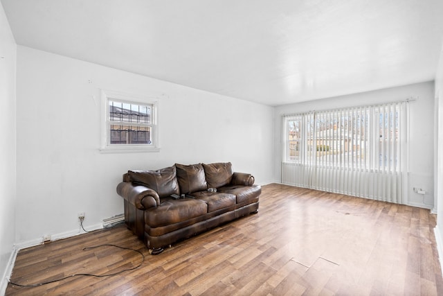 living room with a wealth of natural light and light hardwood / wood-style flooring