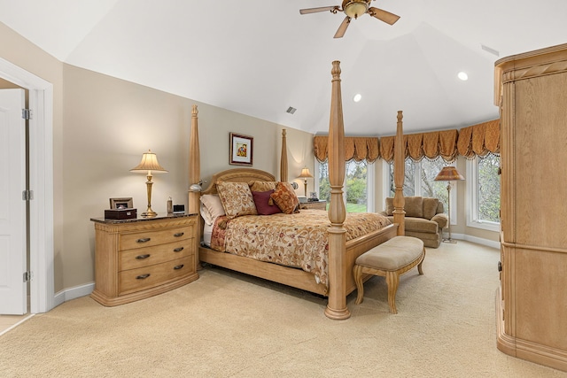 carpeted bedroom featuring vaulted ceiling and ceiling fan