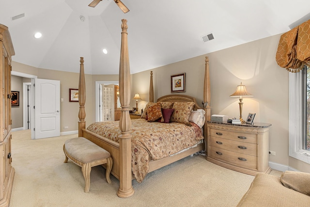 carpeted bedroom featuring lofted ceiling and ceiling fan