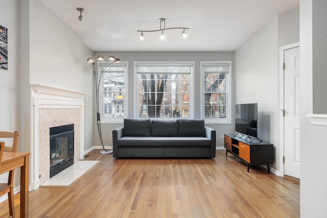 living room with a tiled fireplace and light hardwood / wood-style floors