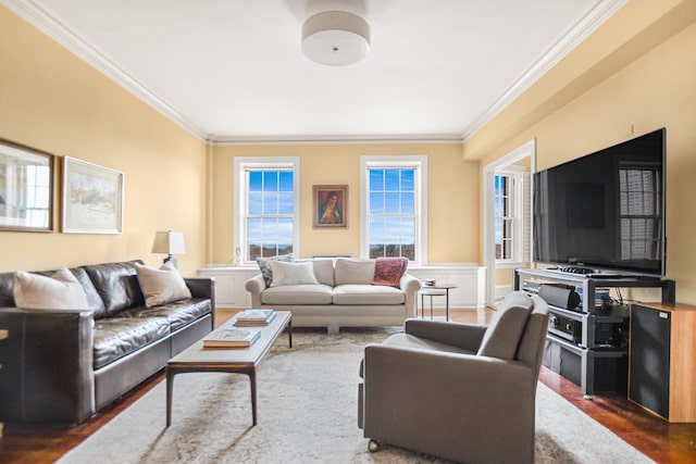 living room featuring crown molding and dark hardwood / wood-style floors