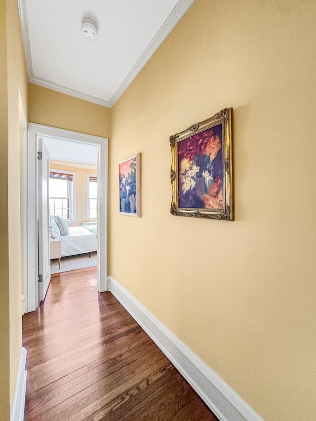 hallway with hardwood / wood-style floors and ornamental molding