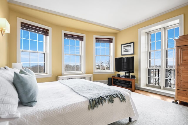 bedroom with hardwood / wood-style floors, radiator heating unit, and ornamental molding