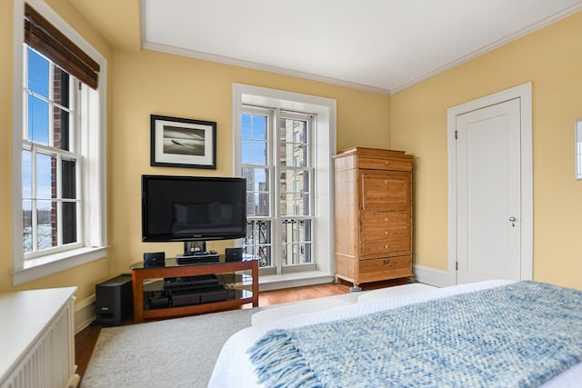 bedroom featuring crown molding, radiator, and light wood-type flooring