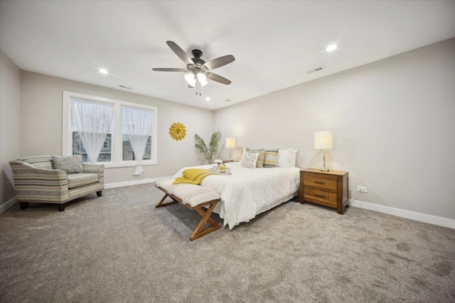 carpeted bedroom with ceiling fan