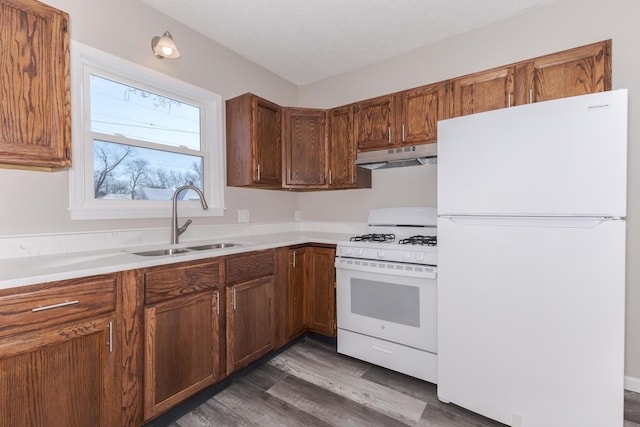 kitchen featuring dark hardwood / wood-style floors, sink, a textured ceiling, and white appliances