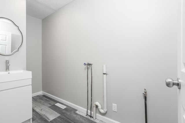 bathroom with wood-type flooring and vanity