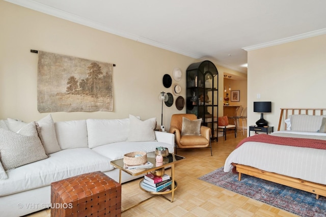 bedroom with ornamental molding and parquet flooring