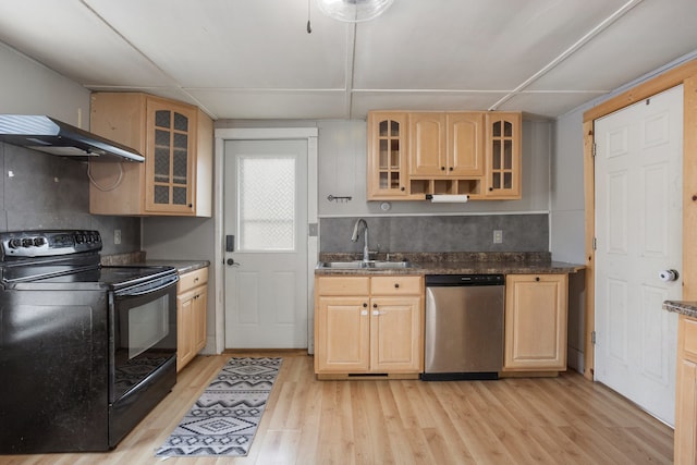 kitchen with tasteful backsplash, dishwasher, light hardwood / wood-style flooring, black range with electric cooktop, and light brown cabinets