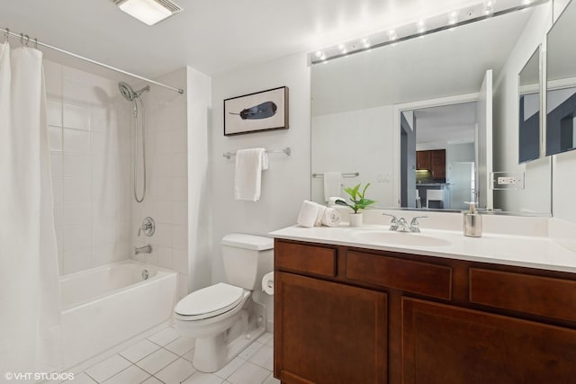 full bathroom with tile patterned floors, vanity, toilet, and shower / tub combo with curtain