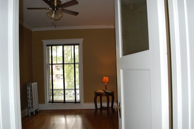 doorway to outside featuring dark hardwood / wood-style flooring, crown molding, radiator heating unit, and ceiling fan