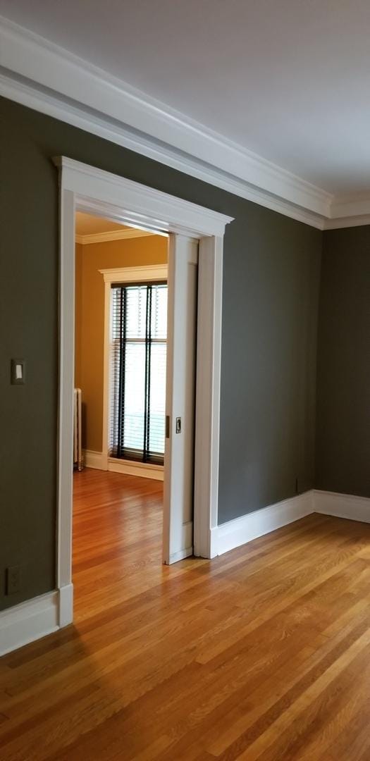 unfurnished room featuring light hardwood / wood-style floors and crown molding