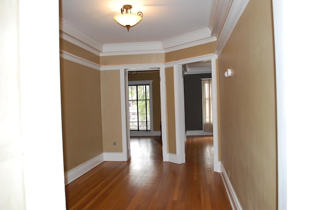 hallway featuring hardwood / wood-style floors and crown molding