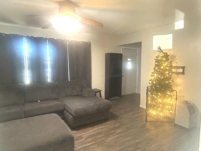 living room with ceiling fan and hardwood / wood-style floors