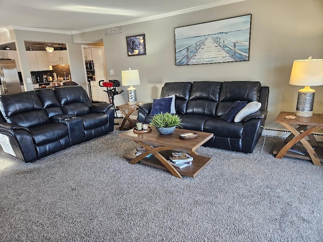 carpeted living room featuring ornamental molding