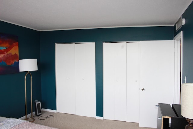 carpeted bedroom with multiple closets