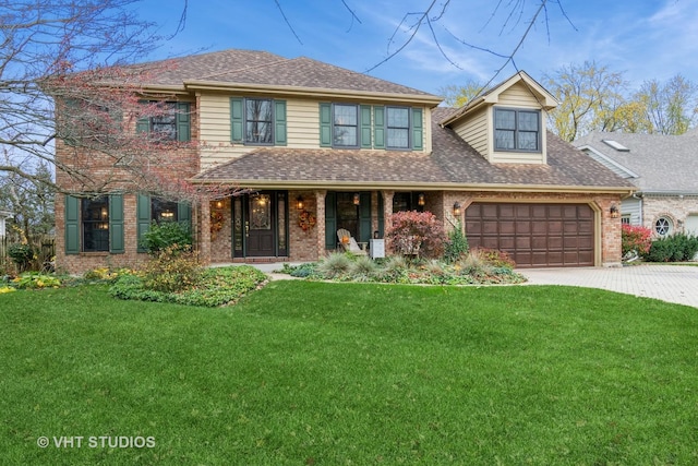 view of front of property featuring a front yard, a porch, and a garage