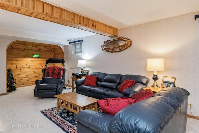 living room with wooden walls