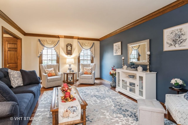 living room featuring wood-type flooring and crown molding