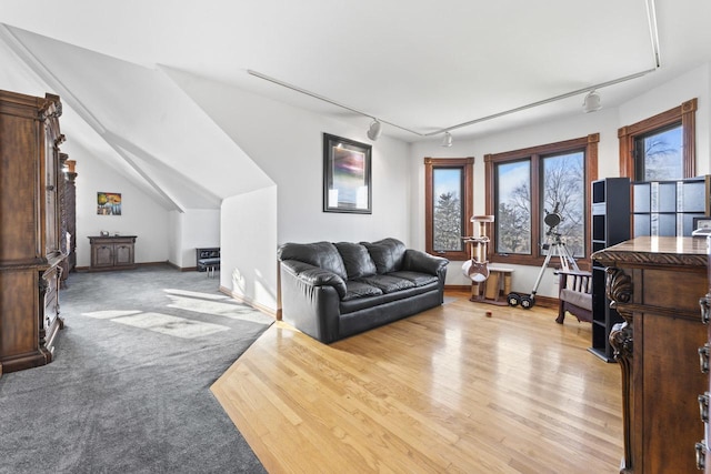 living room featuring light hardwood / wood-style floors, rail lighting, and vaulted ceiling