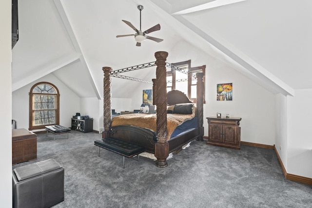 carpeted bedroom with ceiling fan and lofted ceiling