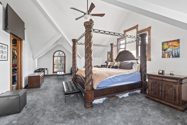 bedroom featuring dark colored carpet, vaulted ceiling, and ceiling fan