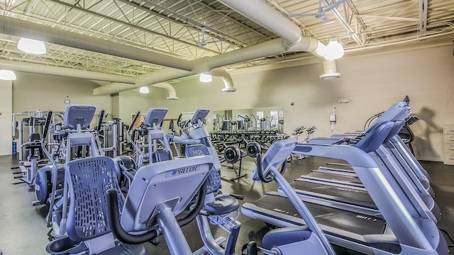 workout area featuring wood walls