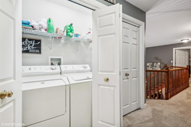 washroom featuring light colored carpet and independent washer and dryer