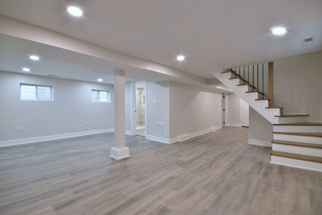 basement with light wood-type flooring